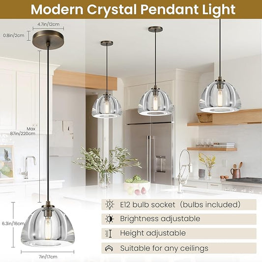 Aged Brass Crystal Pendant Light: Set of 2 Dimmable Antique Copper Hanging Pendant Light Fixtures over Kitchen Island -7" Modern Luxury Vintage Dining Room Pendants Lighting 3000k E12 Bulb Included