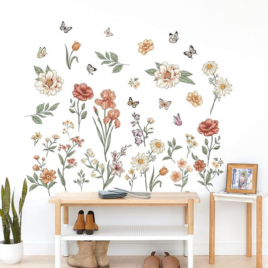 Watercolor Boho Flowers Wall Decals Wildflower Butterfly Garden Wall Stickers Removable Wall Art Decor for Living Room Bedroom