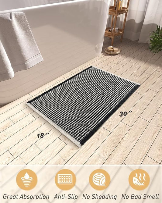 AMOAMI Upgraded Waffle Bath Mat, Super Absorbent Non Slip Bath Mats for Bathroom Floor, Machine Washable Bathroom Rugs with Tassels, Rubber Backed Bathroom Mats, Ultra Soft, 18" x 30",Black & Cream