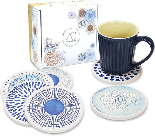 AD Set of 6 Coasters for Drinks Absorbing Round Ceramic Stone Coaster with Cork Base,Tabletop Protection Mat for Mugs and Cups,Office,Kitchen (Blue Watercolor Series)