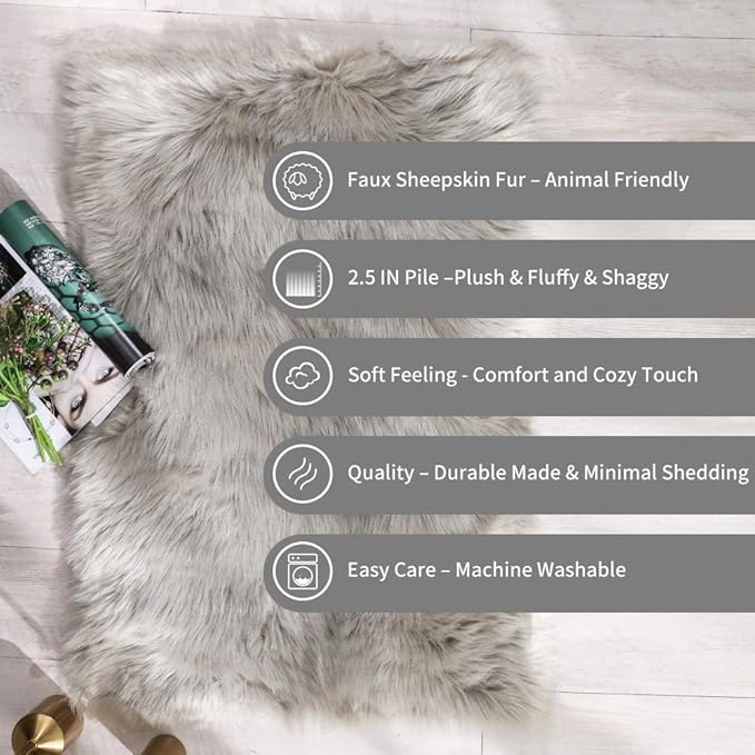Carvapet Fluffy Shaggy Soft Faux Sheepskin Fur Area Rugs Floor Mat Chair Sofa Cover Beside Carpet for Bedroom Living Room, 2ft x 3ft, Grey