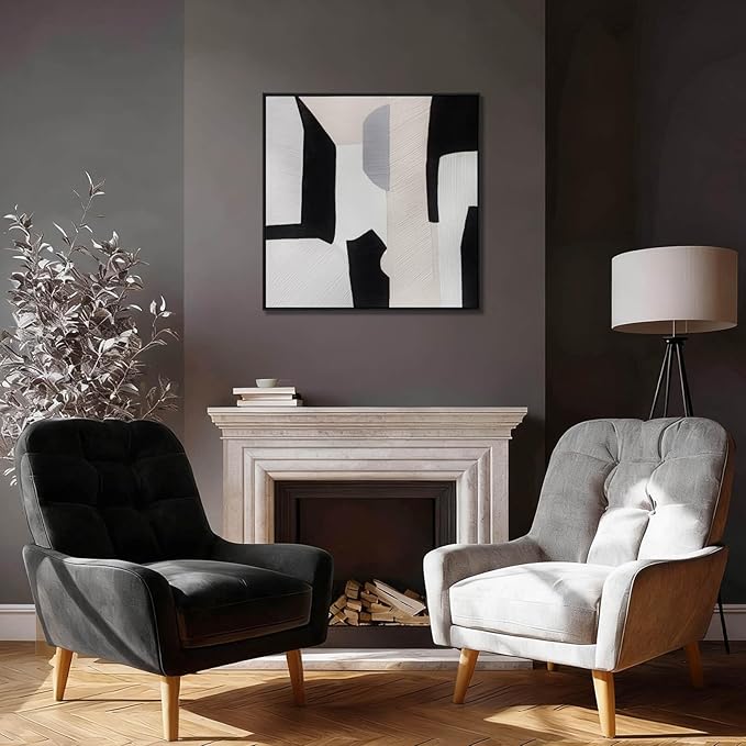 LEVERUP Black and White Square Geometric Pattern Wall Artwork Modern Painting Posters Abstract Wall Decor for Dining Room Bedroom Kitchen 32×32 Inchs