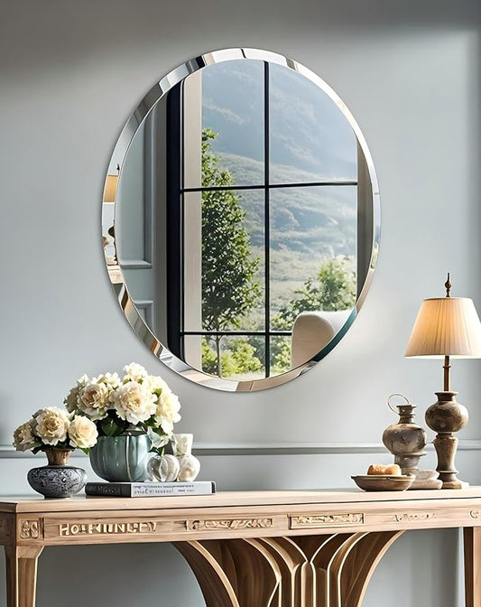 Frameless Round Wall Mirror: Decorative Mirrored Glass Vanity with Beveled Silver Edge for Bathroom Bedroom Livingroom Dining Room Entryway Hallway, 36 x 36 inch