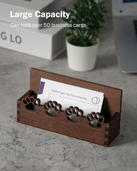 eZAKKA 2 Pack Business Card Holder, Wooden Business Card Stand for Office Home Desktop Tabletop Organizer(Paw)