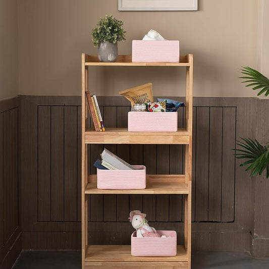 4 Pack Small Storage Shelf Baskets for Organizing, Mini Woven Rope Storage Bins for Towels, Cute Decorative Closet Organizer,Baby Nursery, Gift Empty Baskets -11.81''Lx7.87''Wx4.72''H-Pink