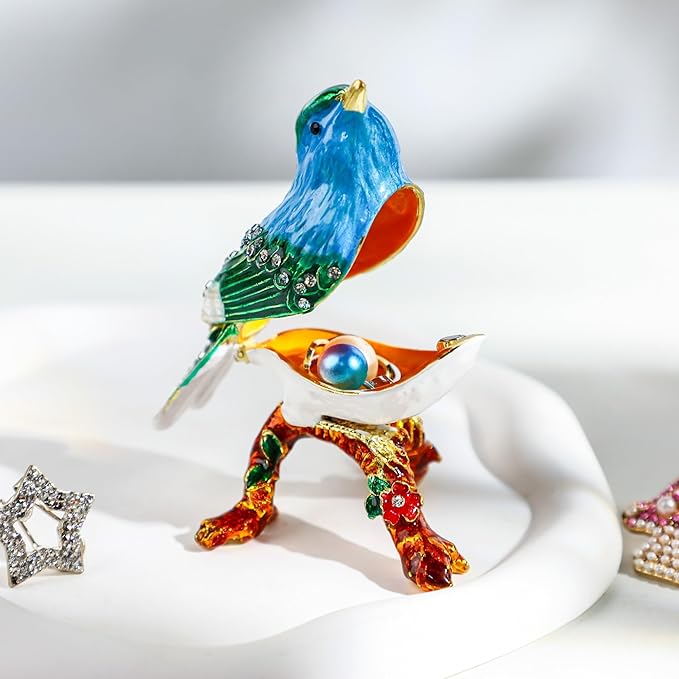 YU FENG 3.1inch Blue Bird on a Branch Trinket Box Small Hinged Trinket Boxes Bird Enamel Jewelry Trinket Box Animal Figurine Ring Box Christmas Gift for Daughter Girl Women
