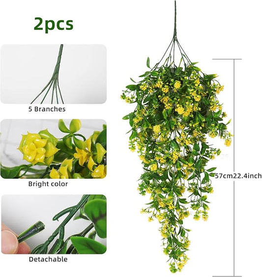 RECUTMS Hanging Plants Fake Vines Fake Hanging Plants Outdoor Greenery Faux Greenery 2Pcs Artificial Hanging Flower for Outdoors Hanging Basket Plastic Home Garden Wedding Party Decorations(Yellow)