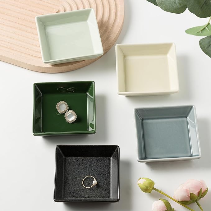 Ceramic Trinket Dish, Ring Tray, Decorative Jewelry Dish for Earrings Necklaces Watch Keys for Women (green square)