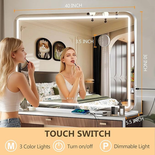 40" x 30" Vanity Mirror with Lights, Led Makeup Mirror, Lighted Makeup Mirror with 3 Color Dimmable Lights, Smart Touch Screen Control, Aluminum Metal Frame,USB Charging Port