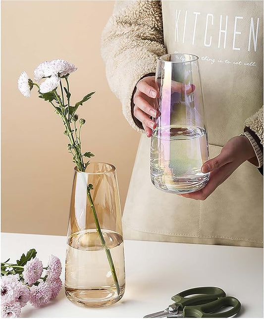 FANTESTICRYAN Modern Glass Vase Irised Crystal Clear Glass Vase for Home Office Decor (Neon Clear)