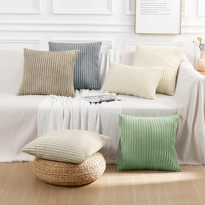 Simmore Decorative Spring Throw Pillow Covers 18x18 Set of 2, Soft Natural Plush Flannel Double-Sided Fluffy Couch Pillow Covers for Sofa Living Room, Beige