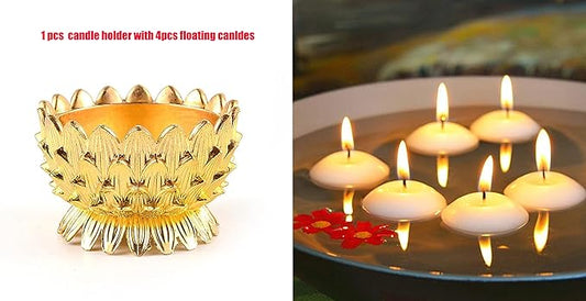 Lotus Flower Votive Tealight Candle Holder,Copper Buddhist Candlestick Holder,Tibetan Buddhist Water Offering Cup,Oil Lamp Holder for Meditation Buddha Altar with 4PCS Floating Canldes (Gold)