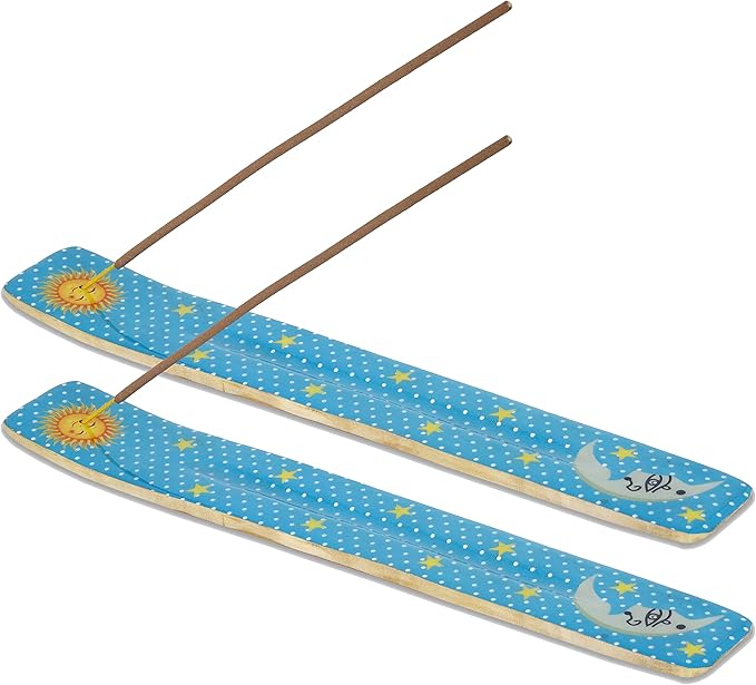 Yajna Traditional-Handmade-Burner Wooden-Incense-Stick-Holder Ash-Catcher-Stand for-Aromatherapy-Meditation-Yoga (Moon & Stars) 10 Inches, Pack of 2