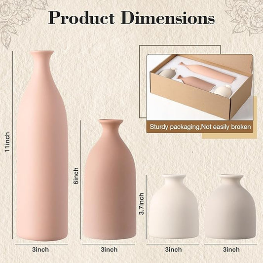 Dandat Ceramic Vase Set of 4, Modern Decorative Ceramic Vases Rustic Pottery Centerpiece Table Decor for Farmhouse Bouquet Pampas Grass Dried Fresh Flowers, Living Room, Kitchen, Bedroom (Beige)