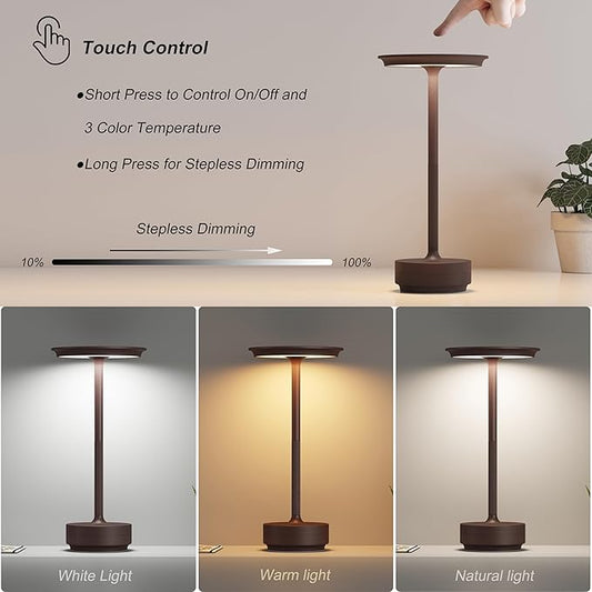 1 Pack Rechargeable Table Lamps Cordless, Portable 5000mAh Outdoor Table Light, 3 Color Stepless Dimming LED Table Lamp with Memory Function, for Home/Dinner/Patio/Restaurant.(Rust)