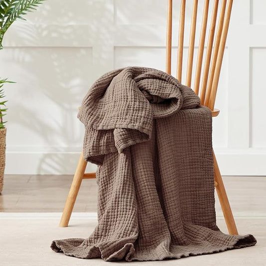 100% Cotton Muslin Blanket 50" x 60", Breathable and Lightweight Cotton Throw Blankets for Couch, Soft Cooling Summer Gauze Blanket for Adults All Season, Tan
