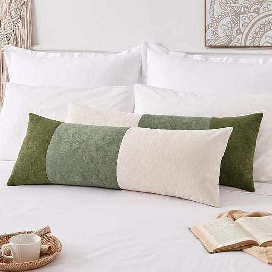 Kevin Textile 14x36 Inch Long Lumbar Cover 1 Pack Three-Colour Patchwork Soft Textured Waterproof Rectangle Cushion Elegant Accent Pillows for Couch Sofa Chair Bed Home Decor Indoor Outdoor Green