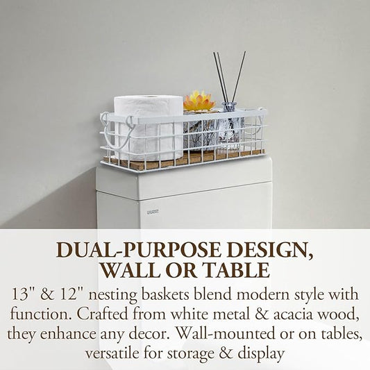 MyGift 13 and 12 Inch Nesting Storage Baskets with Handles, Wall Mounted or Tabletop White Metal Wire and Premium Acacia Wood Decorative Shelf Organizer Bins, 2 Piece Set