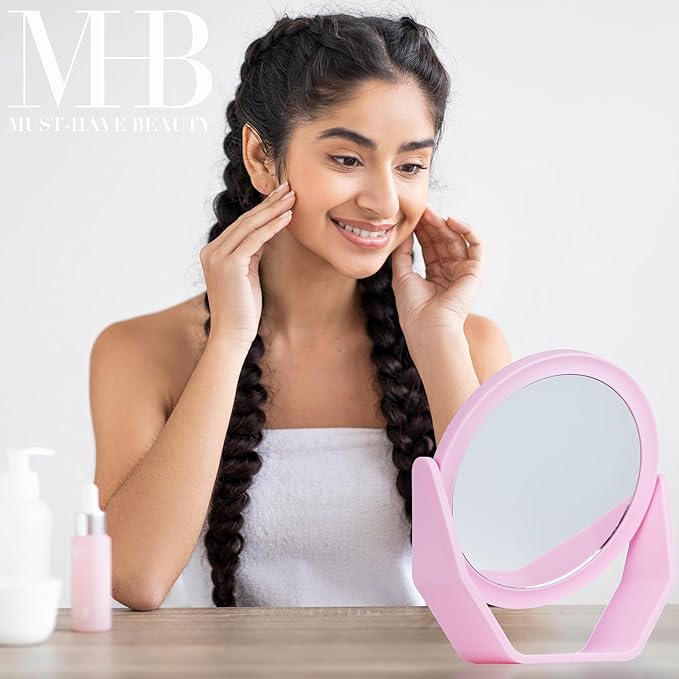 EXPRESSIONS Premium Soft Touch Rotating Mirror with 1x/2x Magnification - Round Pink Vanity Mirror, Handheld or Tabletop Mirror Magnification Makeup Mirror, Small Desk Mirror or Travel Mirror