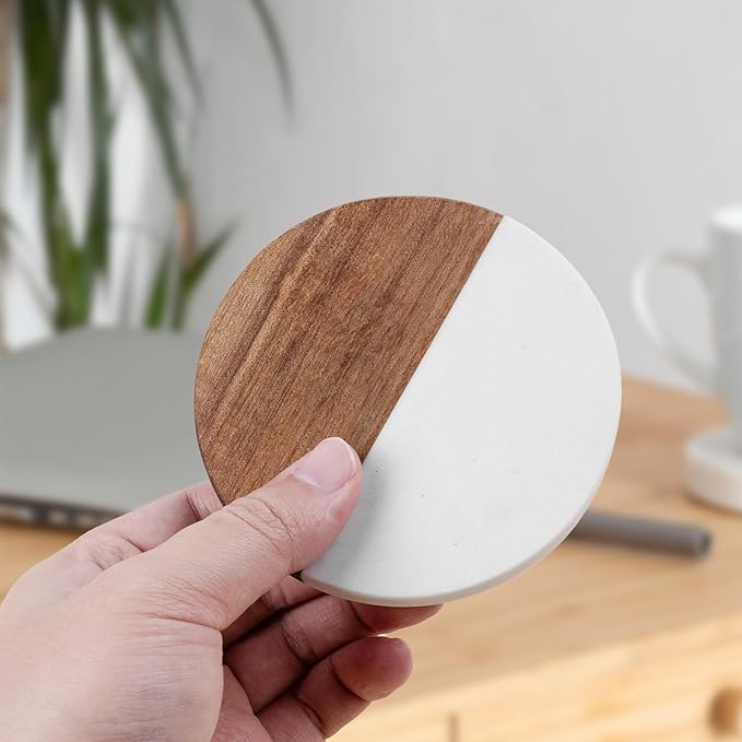 Marble Coasters: 4-Piece Set of Acacia Wood Marble Coasters, Suitable for Kitchens, Offices, and can be Used as Gifts (Round White)