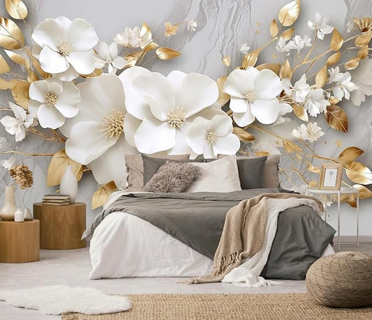 3D Wallpaper Illustration Beige Background Large White Abstract Gold Leaf Flower for Living Room Bedroom Backdrop Decoration(Non-self-Adhesive)
