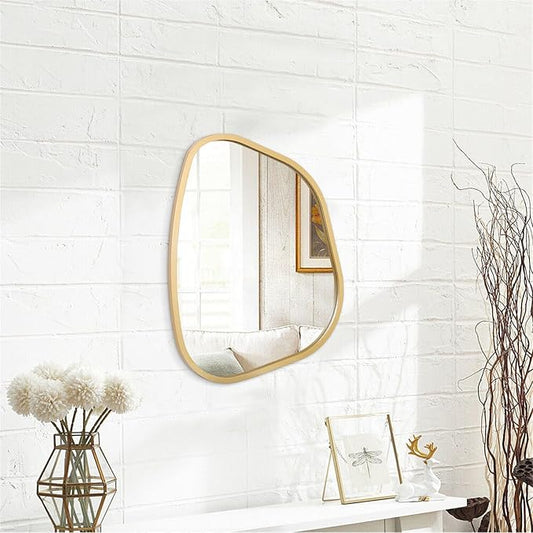 Asymmetrical Accent Mirror for Wall Irregular Oval Wood Frame Modern Unique Wall Mirror Decorative Vanity Bathroom Living Room Bedroom Entryway Hallway Artistic Mirror Small Gold 14"x10"
