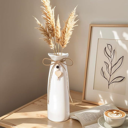 8 Inch Ceramic Vase with Jute Rope & Heart Charm, Elegant White Decorative Vase for Home Décor & Table Centerpieces