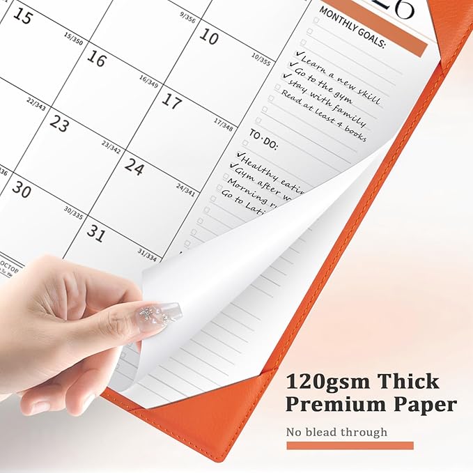 Ospelelf Desk Calendar 2026-2027 Wall Monthly Planner 12"x17" Leather Pad with Protective Cover 18 Months January 2026 - June 2027 Orange