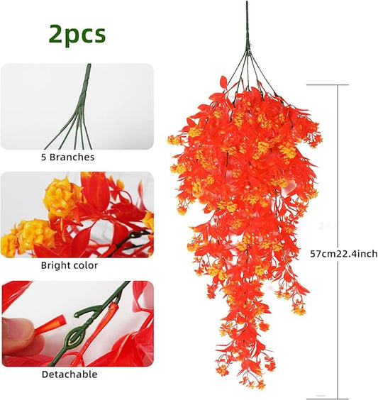 RECUTMS Pack of 2 Hanging Fake Flowers Artificial Outdoor UV Resistant Greenery Faux Plastic Plants for Farmhouse Garden Veranda Porch Bathroom Kitchen Arrangements (Gold)