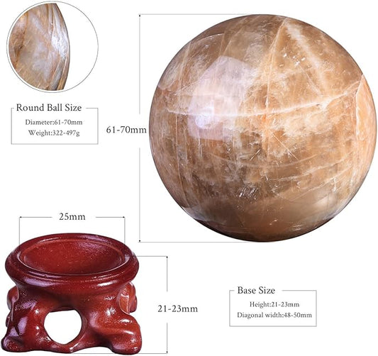 moonsix Natural Orange Moonstone Crystal Sphere with Resin Stand Healing Energy Stone Decorative Ball Sculpture for Home Office Tabletop, 61-70 mm