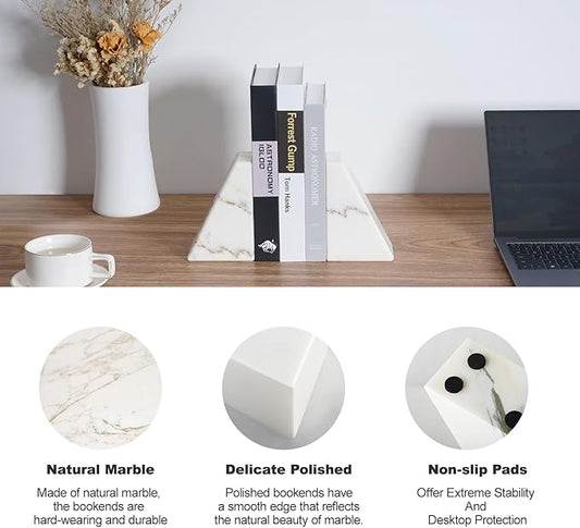 Marble Book Ends White, Heavy Duty Book Ends for Shelves, Decorative Natural Book Stopper,Unique Decorative Bookend for Home Shelves Calacatta Natural Marble Bookend, Set of 2