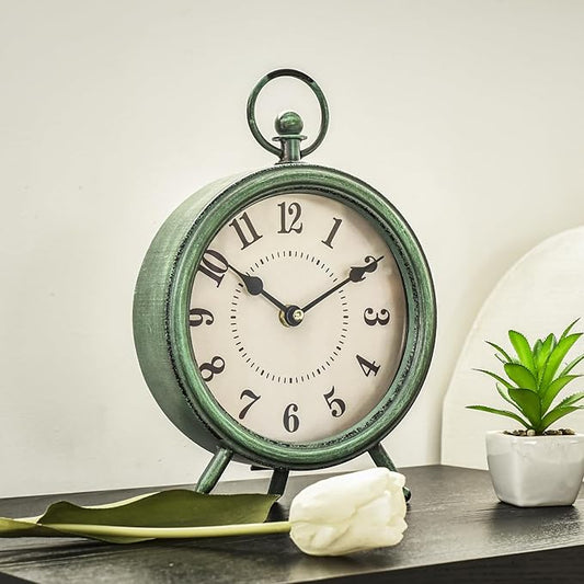 Vintage Rustic Green Table Clock on Stand, Decorative Desk and Shelf Clock,Decorative Battery Operated Table Top Clock for Living Room,Silent Non-Ticking