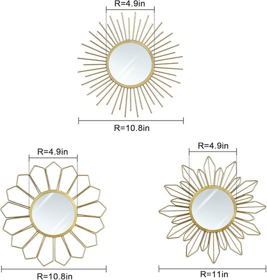 hogardeck Metal Mirrors Wall Decor - 3 Pcs 11" Metal Sunburst Flower Wall Mirrors Home Décor, Decorative Hanging Wall Art for Living Room, Bedroom, Kitchen, Bathroom, Entryway
