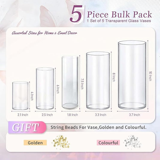 5pcs Glass Vase Cylinder Vases for Centerpieces Small Flower Glass Vases Home Decor Centerpiece Table Clear Flower Vase Decorations for Wedding&Holiday 4,6,7.5,8,10 Inch Tall