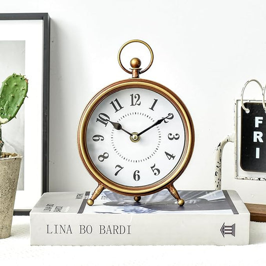 Vintage Small Table Clock on Stand, Decorative Desk and Shelf Clock Farmhouse Mantel Non-Ticking Clock Rustic Metal Frame with Antique Gold Finish 9.3 Inch
