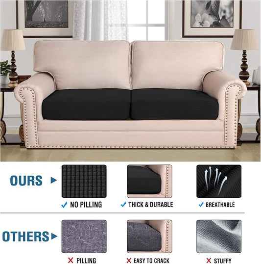 H.VERSAILTEX Super Stretch Individual Seat Cushion Covers Sofa Covers Couch Cushion Covers Slipcover Sets Thick Jacquard Textured Twill Fabric (2 Piece Large Sofa Cushion Covers, Black)