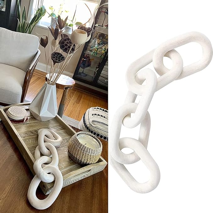 Hanlin Wood Chain Link Decor - Hand Carved Boho Decorative Chain, Farmhouse Decor, Sustainable Pine, Coffee Table Shelf for Home Living Room (White)