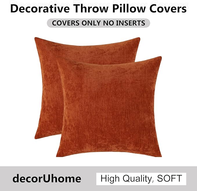 decorUhome Chenille Rust Throw Pillow Covers 16x16 Inch Set of 2, Decorative Soft Couch Pillow Covers Solid Dyed Accent Farmhouse Neutral Square Pillow Cases for Sofa