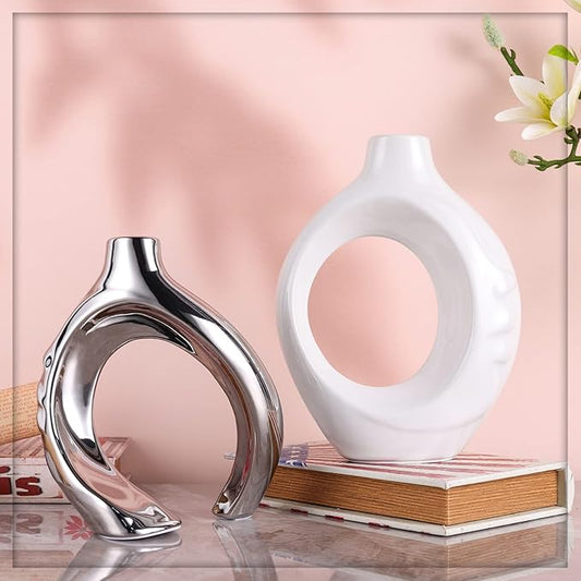 White Ceramic Vase Set of 2, White and Silver Round Donut Ceramic Decorative Vase for Living Room Decor, Bookshelf, Mantel, Dining Table Centerpiece Decor (White Silver)