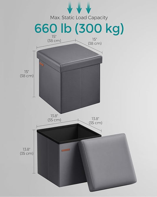 SONGMICS Mazie Collection - 15 Inches Ottoman with Storage, Footstool, Storage Ottoman, Load 660 lb, for Dorm, Living Room, Bedroom, Synthetic Leather, Dark Gray ULSF010G01