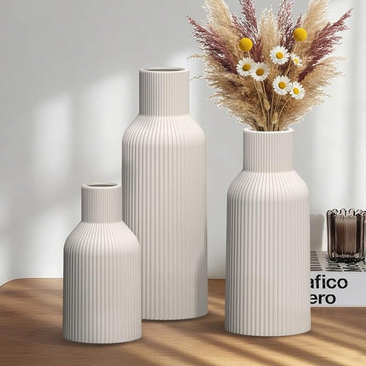 White Ceramic Vases Set of 3 - Modern Matte Ribbed Vases for Pampas Grass & Dried Flowers - Minimalist Decorative Centerpieces for Living Room, Shelf, Entryway & Wedding (Not for Water)