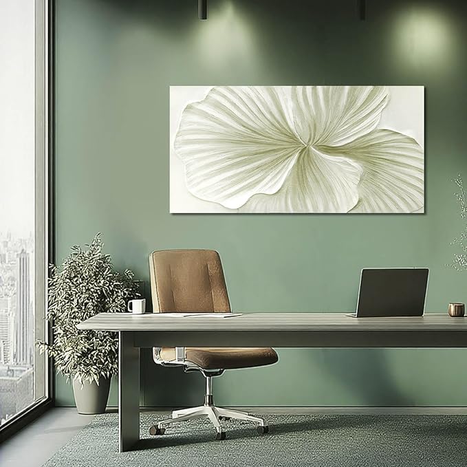 MLART99 Abstract Leaf Wall Art Modern Ginkgo Canvas Hand-drawn Painting 24x48 Green and White Large Artwork Minimalist Decoration for Living Room Bedroom Office Home