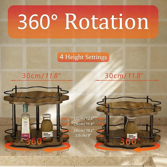 2 Tier Lazy Susan Organizer,2-Tier Spinning Spice Rack with Stable Carousel Base & 4 Height Settings for Cupboard Kitchen Countertop Dining Table Cupboard (Two-Ply(Petal Shape))