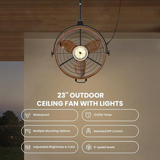 CROSSIO Outdoor Ceiling Fan with Lights, 23‘’ Waterproof Gazebo Fan with Remote Control Smart App, Plug in Caged Ceiling Fan for Patios, Pergola Porch