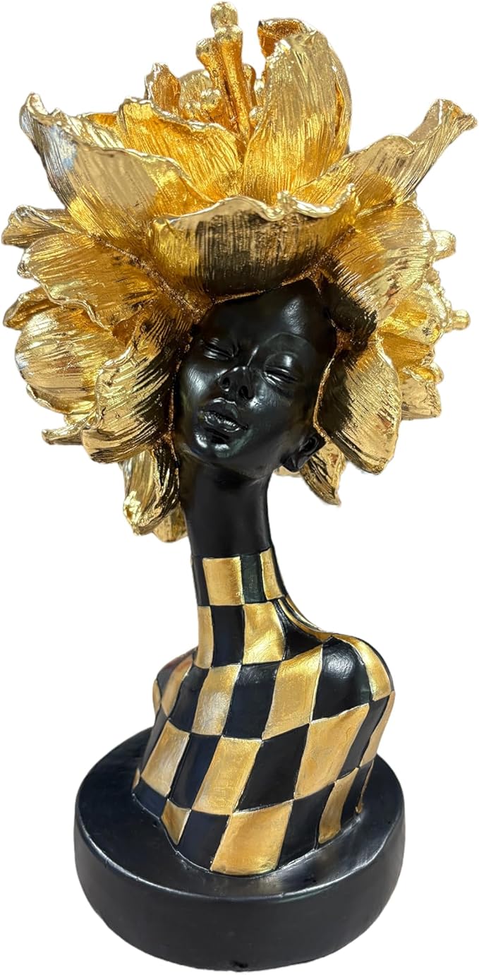Golden African Woman Statue – Luxurious Resin Figurine with Gold Floral Headpiece and Black-Gold Geometric Dress, Modern African Art Sculpture for Home and Office Décor
