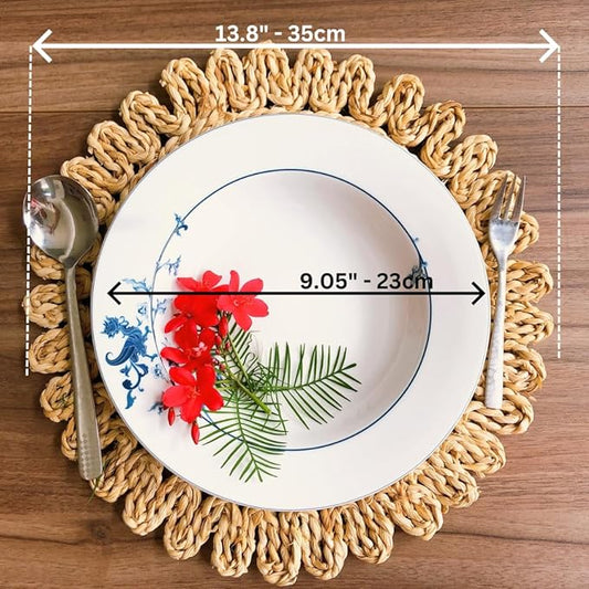 13.8” Set of 6 Round Woven Placemats from Natural Corn Husk, Boho Wicker Place mats, Rattan Round Placemats for Farmhouse and Spring, Summer Parties