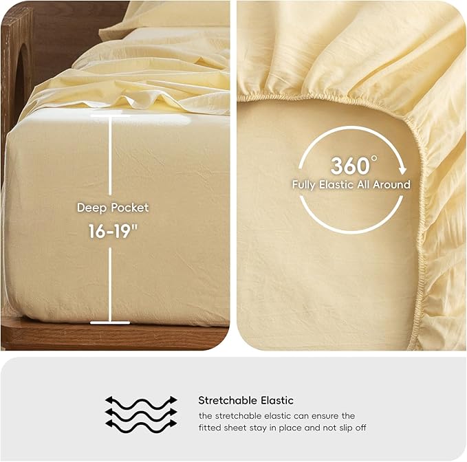 MooMee Bedding Sheet Set 100% Washed Cotton Linen Like Textured Breathable Durable Soft Comfy (Heathered Butter Yellow, Twin)