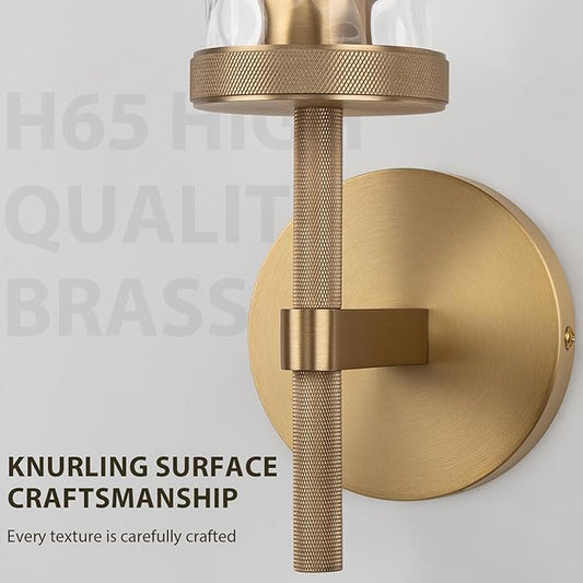 19.5" Knurled Brass Wall Sconce with Water Ripples Glass Tube, Gold Bathroom Vanity Light Fixtures, Modern Lamp Lighting for Bedroom, Living Room, Hallway, Staircase, Mirror, Kitchen