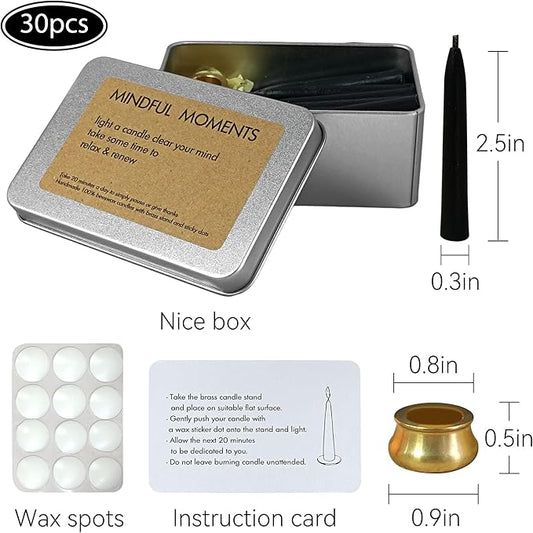 Dripless Taper Candle Meditation Candles,Black 20 Minute Mini Prayer Candlestick Pure Beeswax Candles with Brass Candle Holder for Yoga & Spiritual Rituals,30-BLA