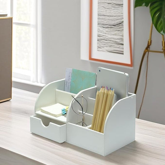 UnionBasic Office Desk Organizer - Multifunctional PU Leather Desktop Storage Box - Business Card/Pen/Pencil/Mobile Phone/Stationery Holder, White